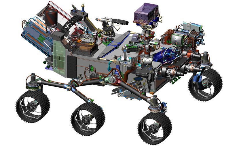A computer-assisted model of the Mars 2020 rover, which is expected to look for signs of habitable environments on the Red Planet. It also will cache samples for possible return to Earth by another mission. Credit: NASA/JPL-Caltech
