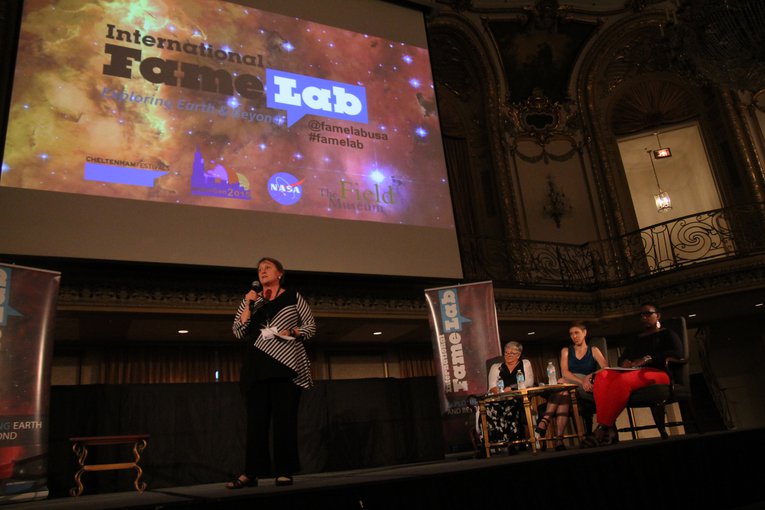 Mary Voytek, Senior Scientist for Astrobiology in the Science Mission Directorate, addresses the crowd at a regional competition of FameLab USA held in Chicago, Illinois.