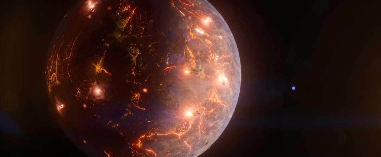 A volcanically active planet is shown in closeup at the left side of the image with glowing eruptions and lines of lava on the surface. To the right and in the distance is a faint blue glowing ball representing the more massive planet in the system.