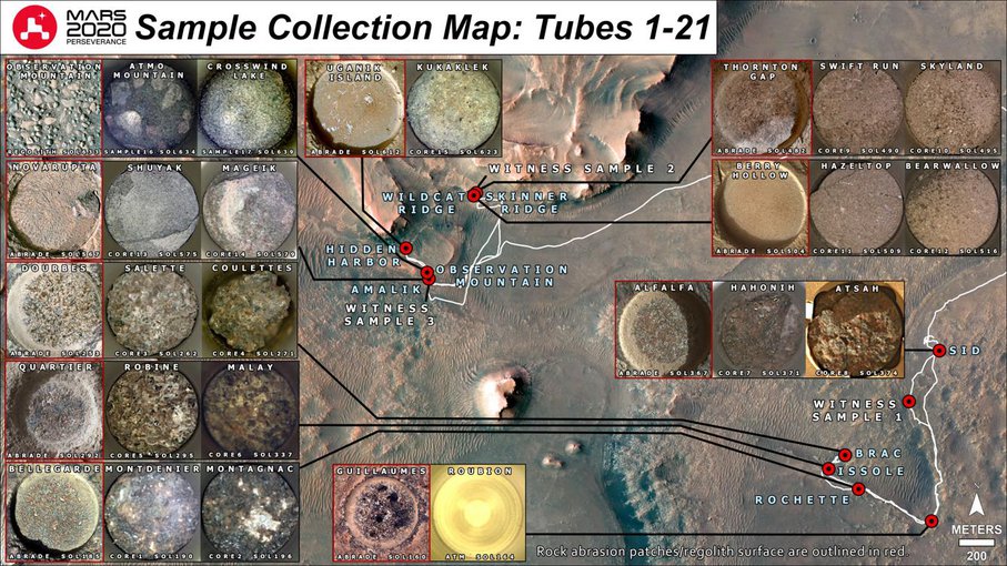 Shown here is a representation of the 21 sample tubes (containing rock, regolith, atmosphere, and witness materials) that have been sealed to date by NASA's Perseverance Mars rover. Red dots indicate the locations where each sample was collected.