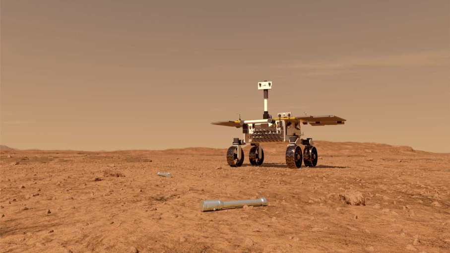 This illustration shows a concept of what a rover fetching rock and soil samples on Mars for return to Earth could look like. The sample tube in this image would have been left on the surface by a previous mission, NASA's Perseverance rover.