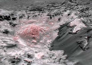 This mosaic image uses false color to highlight the recently exposed brine, or salty liquids, that were pushed up from a deep reservoir under Ceres' crust. In this view of a region of Occator Crater, they appear reddish.