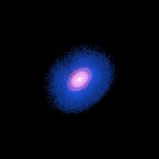 Composite image of the protoplanetary disk around HD 163296. Red is the dust of the disk. The blue disk is carbon monoxide gas. ALMA observed dips in the concentration and behavior of carbon monoxide, suggesting the presence of planets being formed.