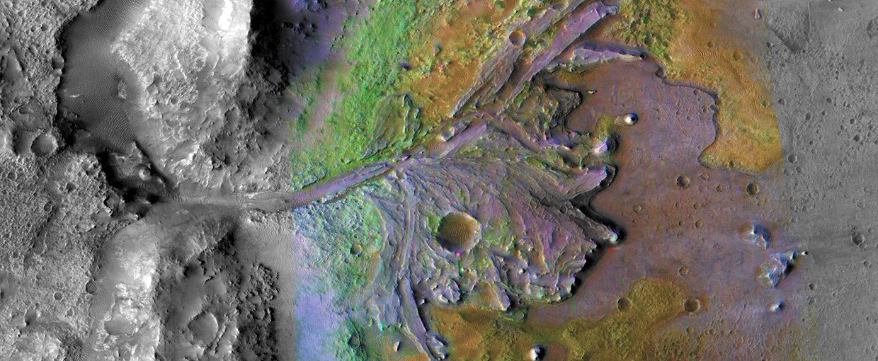 In the Jezero Crater delta, sediments contain clays and carbonates. The image combines information from two instruments on NASA's Mars Reconnaissance Orbiter.