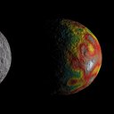 Ceres as seen by NASA's Dawn spacecraft from its high-altitude mapping orbit at 913 miles (1,470 kilometers) above the surface.The colorful map overlaid at right shows variations in Ceres' gravity field measured by Dawn.