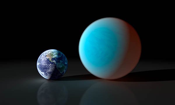 Artist concept contrasting Earth with a planet about twice its size, known as a 'super-Earth.'  This artist representation is of the planet 55 Cancri e.