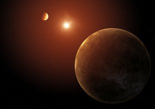 Top center of the flame is a glowing dot from a dim star in a field of black. In the foreground there is a planet orbiting the star to the lower right. In the top left of the frame, a second planet is visible in the distance.