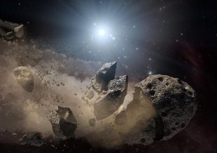 Artist concept of an asteroid breaking up.