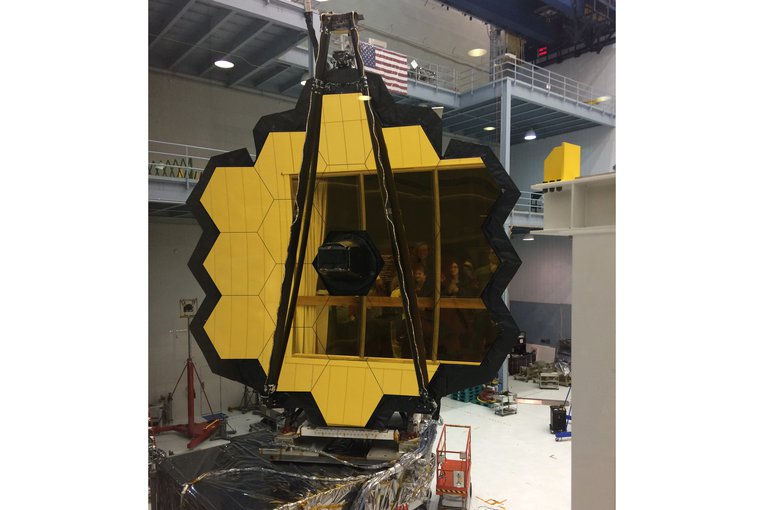 The primary mirror of the James Webb Space Telescope during assembly in a clean room at the NASA Goddard Space Flight Center in Greenbelt, Maryland.