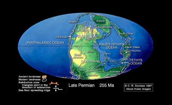An artist representation of what the supercontinent Pangaea may have looked like 255 million years ago in the late Permian.