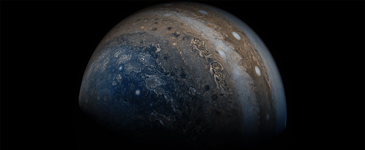 NASA’s Juno spacecraft was racing away from Jupiter following its seventh close pass of the planet when JunoCam snapped this image on May 19, 2017, from about 29,100 miles (46,900 kilometers) above the cloud tops.