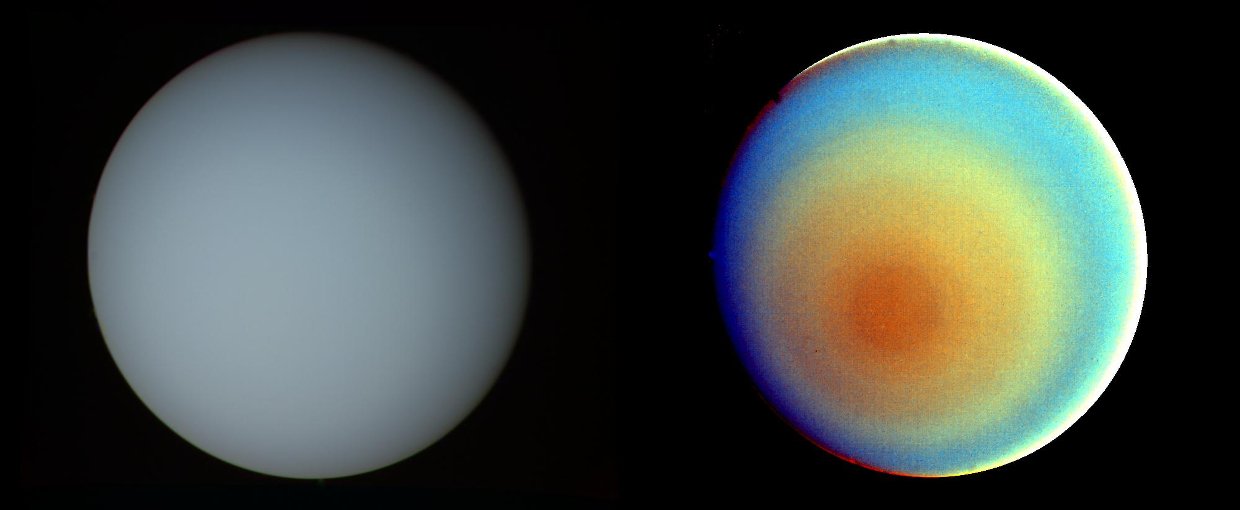 The false-color and contrast-enhanced image of Uranus at right reveals subtle bands of concentric clouds surrounding the planet's south pole.