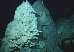 A 60 meter (200 feet) tall carbonate chimney in the field of hydrothermal vents known as the Lost City, which could also be home to rock-powered life.