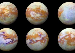 These six infrared images of Saturn's moon Titan represent some of the clearest, most seamless-looking global views of the icy moon's surface produced so far.