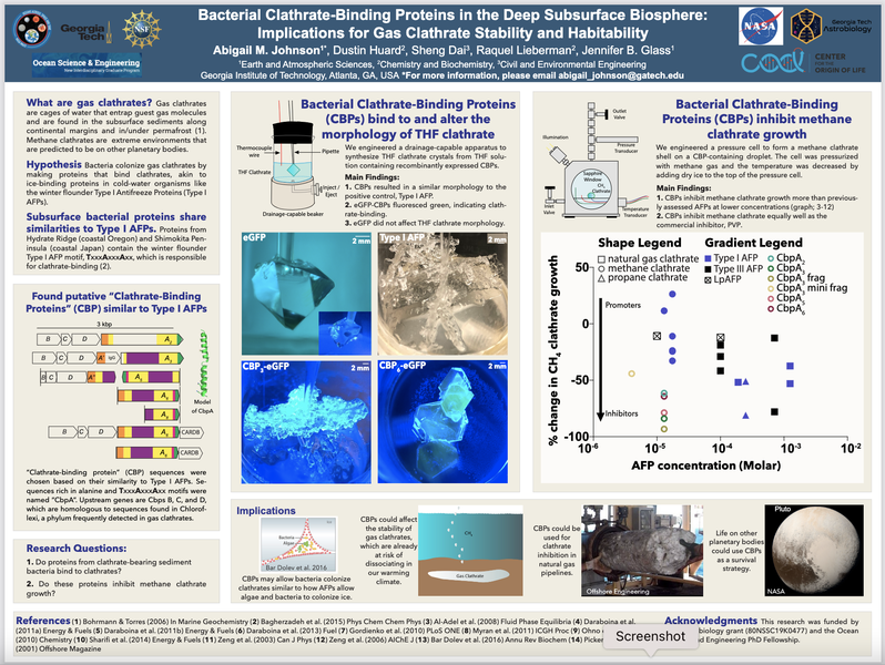 First place in the AbSciCon 2022 Poster Competition, “Bacterial Clathrate-Binding Proteins in the Deep Subsurface Biosphere: Implications for Gas Clathrate Stability and Habitability," Abigail Johnson, Georgia Institute of Technology.