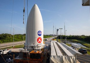 The nose cone containing the Mars 2020 Perseverance rover sits atop a motorized payload transporter at Cape Canaveral Air Force Station in Florida on July 7, 2020.