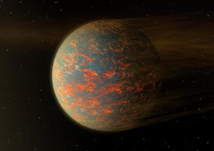 A planet sits in the middle of the frame. It's surface is cracked, grey rock with streaks of orange/red lava showing through. A thin stream of gaseous material blows off to the right of the planet indicating the direction of its movement in orbit.