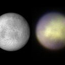 Comparison of Europa observed with Gemini Planet Imager in K1 band on the right and visible albedo visualization based on a composite map made from Galileo SSI and Voyager 1 and 2 data (from USGS) on the left