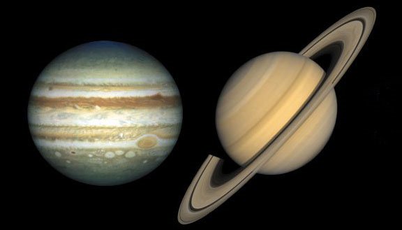 Our solar system's giants, Jupiter (left) and Saturn (right).
