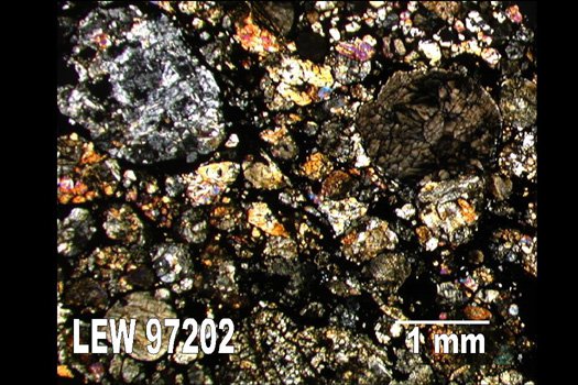 This thin section from the meteorite LEW 97202 exhibits numerous well-defined chondrules (up to 2 mm) in a black matrix of fine-grained silicates, metal and troilite.