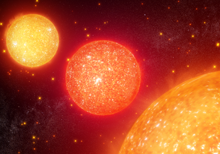 Red giant stars near and far sweep across the sky in this illustration.
