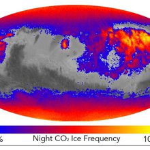This map shows the frequency of carbon dioxide frost's presence at sunrise on Mars, as a percentage of days year-round. Color coding is based on data from the Mars Climate Sounder instrument on NASA's Mars Reconnaissance Orbiter.