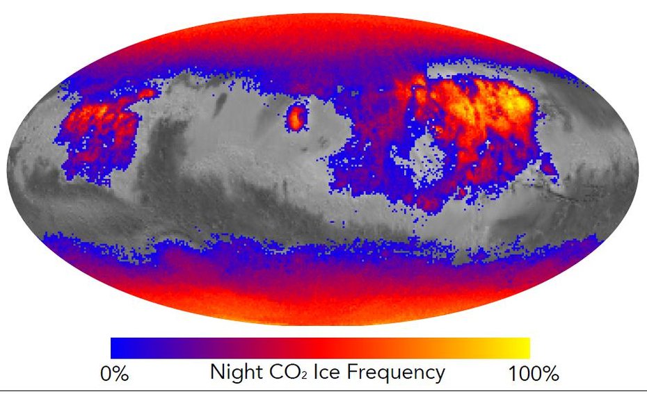 This map shows the frequency of carbon dioxide frost's presence at sunrise on Mars, as a percentage of days year-round. Color coding is based on data from the Mars Climate Sounder instrument on NASA's Mars Reconnaissance Orbiter.