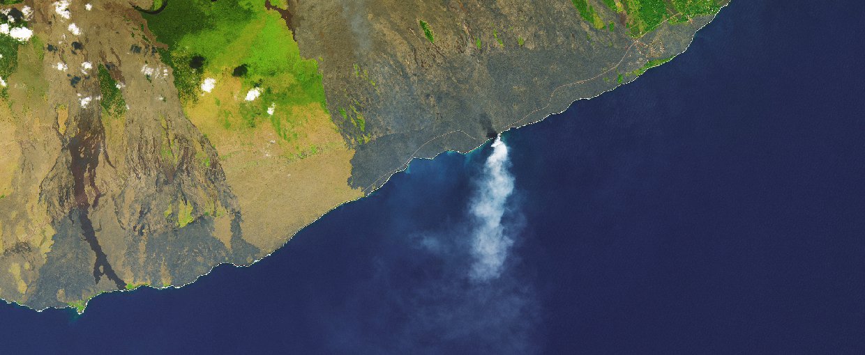 This 2017 image from Landsat 8 shows fiery explosions, large waves, and towering plume of steam and ash – the aftermath of unstable volcanic terrain tumbling into the sea, part of the Kilauea volcano on the Big Island of Hawai’i.