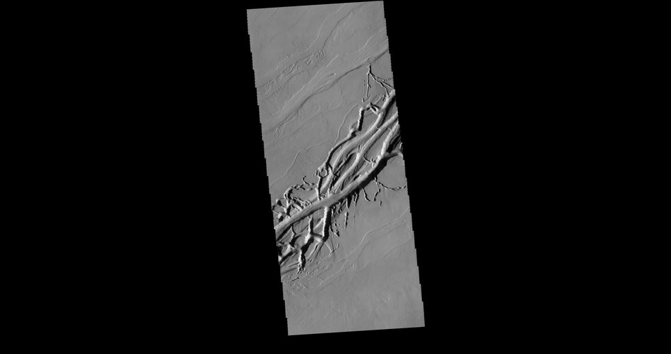 Located on the lava plains between Olympus Mons and Alba Mons, this image from NASA 2001 Mars Odyssey spacecraft shows complex intersecting valleys, which were created by lava flow. Volcanic flows occurred both along the surface and in buried lava tubes.