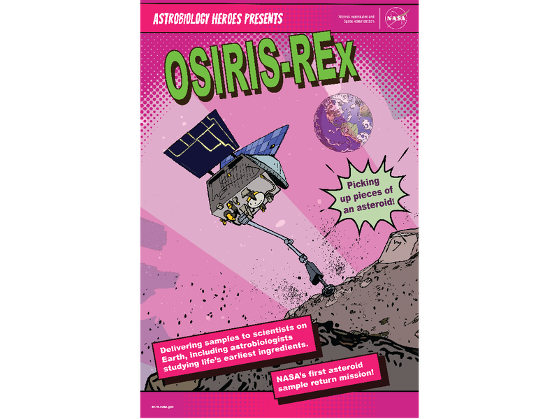 An artist representation of the OSIRIS-REx mission in comic book style. The spacecraft reaches out to collect samples from the asteroid Bennu. Pink diagonal bands of light emanate up from the asteroid surface. The Earth is seen in the distance.