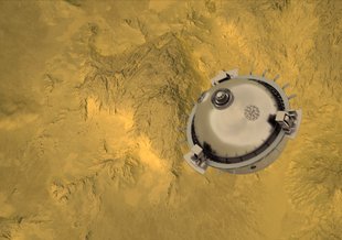 This artist impression shows the free-fall descent of the DAVINCI probe as it captures images and chemistry measurements of the deepest atmosphere of Venus for the first time.