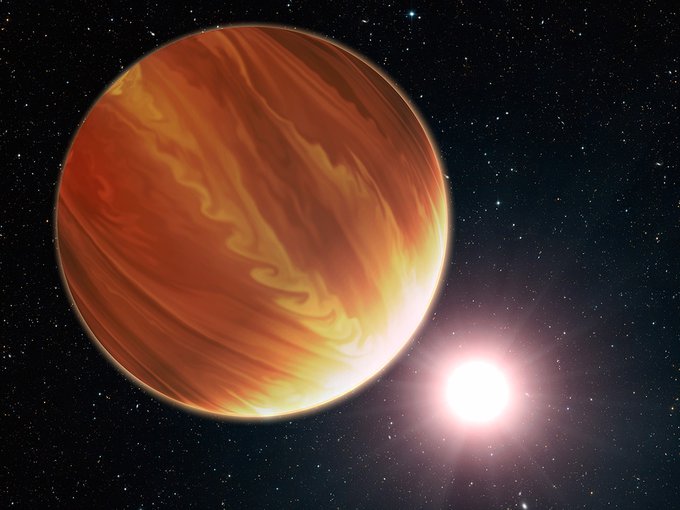 This is an artistic illustration of the gas giant planet HD 209458b (unofficially named Osiris) located 150 light-years away in the constellation Pegasus. This is a "hot Jupiter" class planet.