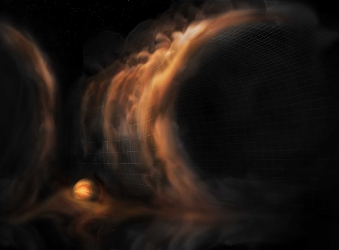Artist impression of gas flowing like a waterfall into a protoplanetary disk gap, which is most likely caused by an infant planet.