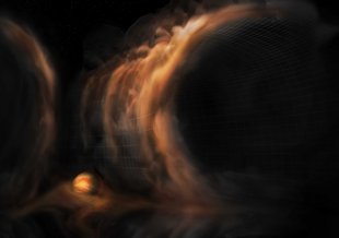 Artist impression of gas flowing like a waterfall into a protoplanetary disk gap, which is most likely caused by an infant planet.