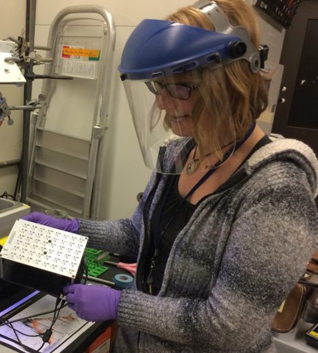 Niki Parenteau with her custom-designed LED array, can reproduce the spectral features of different simulated stellar and atmospheric conditions to test on primitive microbes.