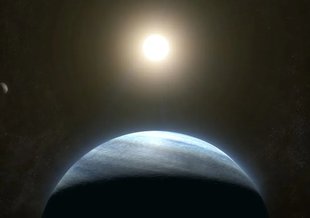 The image shows half of a blue, cloudy planet at the bottom of the frame. Much of the planet is in shadow with only the top crescent lit by light from a distance star in the top center. A second, small dot of light can be seen to top right.
