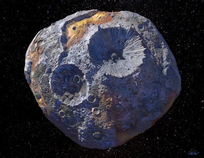 Artist illustration of the asteroid Psyche, which will be the first metal-rich celestial body to be visited by a spacecraft.