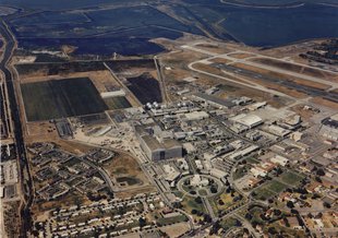 Aerial view of the NASA Ames Research Center at Moffett Field, California.