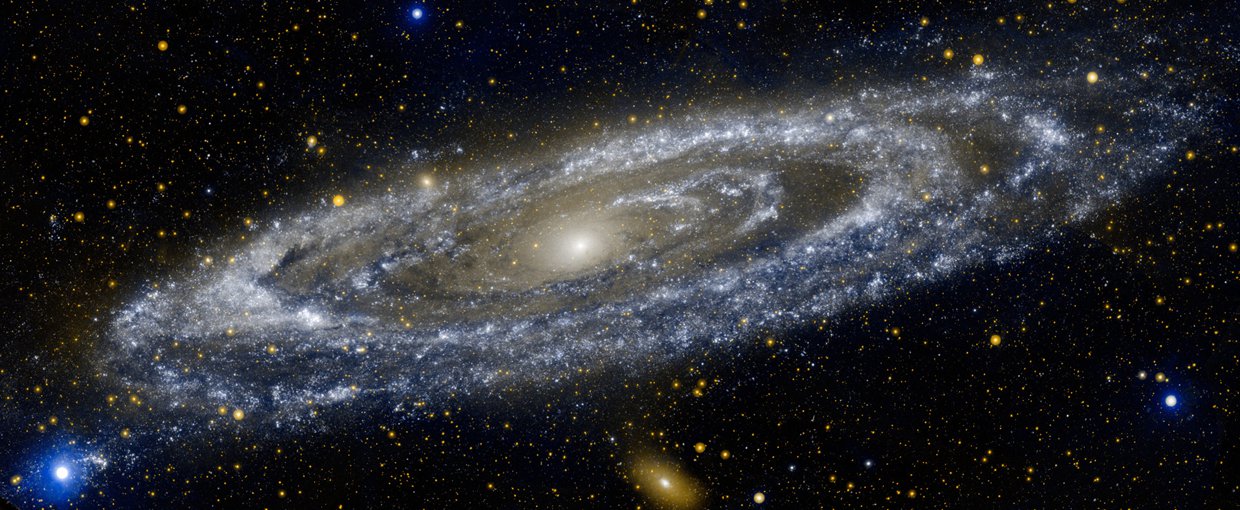 At ~2.5 million light-years away, the Andromeda galaxy is our Milky Way's largest galactic neighbor. The  galaxy spans 260,000 light-years across. It took 11 different GALEX image segments stitched together to produce this view of the galaxy next door.