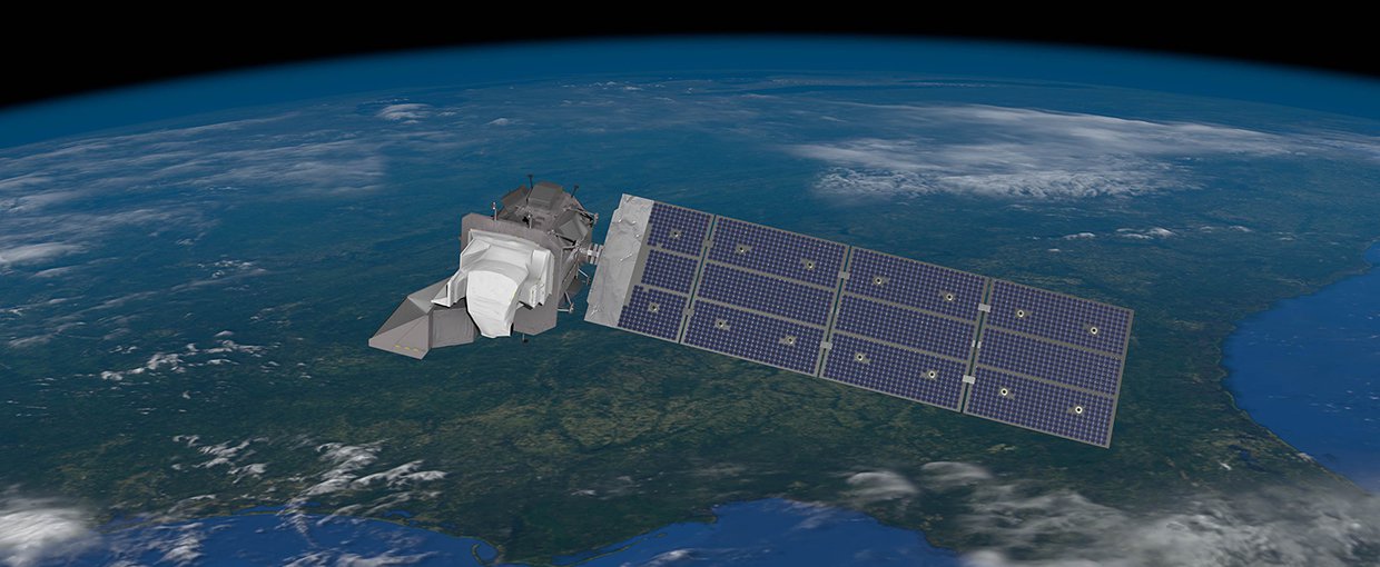 An artist's conception of the Landsat 9 spacecraft, the ninth satellite launched in the long-running Landsat program, high above the Western US.