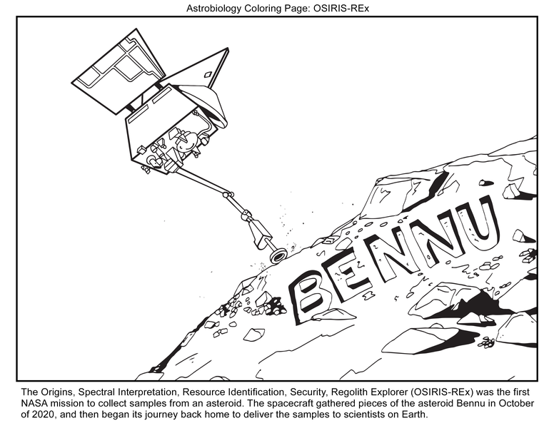 A black and white line drawing of OSIRIS-REx sampling the asteroid Bennu. OREx is in the center of the page with it's arm reaching out to the surface of the asteroid. a section of the asteroid can be seen bottom right with the name "BENNU" on its surface.