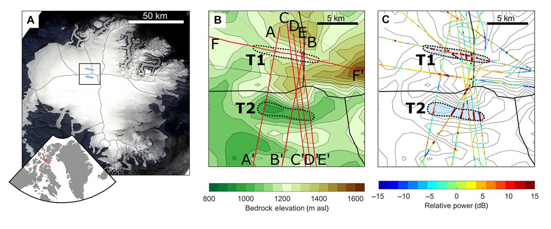 (A) Landsat image overlain with the location of the subglacial lakes beneath the Devon Ice Cap (blue) and ice divides (black). (B) Bedrock topography. (C) Relative reflectivity along the radar transects atop of bedrock contours.