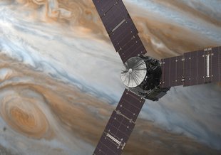 This illustration depicts NASA's Juno spacecraft at Jupiter, with its solar arrays and main antenna pointed toward the distant sun and Earth.
