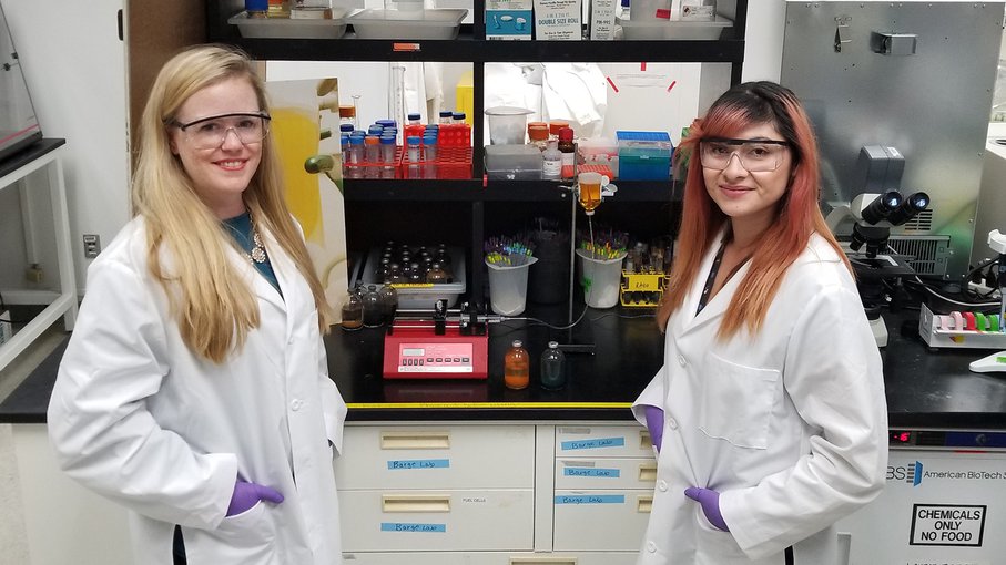 Laurie Barge, left, and Erika Flores, right, in JPL's Origins and Habitability Lab in Pasadena, California.