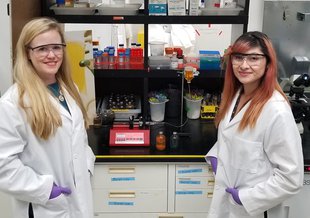 Laurie Barge, left, and Erika Flores, right, in JPL's Origins and Habitability Lab in Pasadena, California.