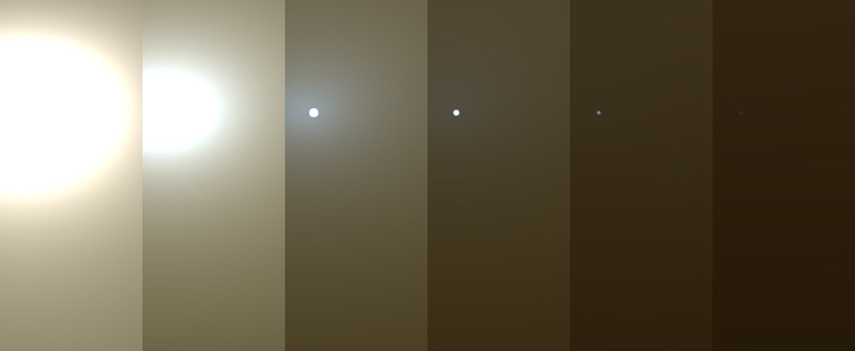 This series of images shows simulated views of a darkening Martian sky blotting out the Sun from NASA's Opportunity rover's point of view.
