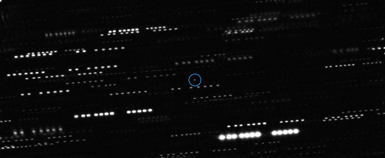 This very deep combined image shows the interstellar object ‘Oumuamua at the center of the image. It is surrounded by the trails of faint stars that are smeared as the telescopes tracked the moving comet.