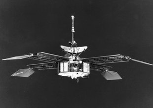 Black and white artist impression of the Mariner 4 spacecraft. Credit: NASA