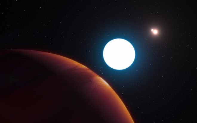 An artist’s impression of the triple-star system HD 131399 from close to the giant planet orbiting in the system. The planet is known as HD 131399Ab and appears at the lower-left of the picture. Located about 320 light-years from Earth in the constellation of Centaurus (The Centaur), HD 131399Ab is about 16 million years old, making it also one of the youngest exoplanets discovered to date, and one of very few directly imaged planets. (ESO/Luis Calcada)