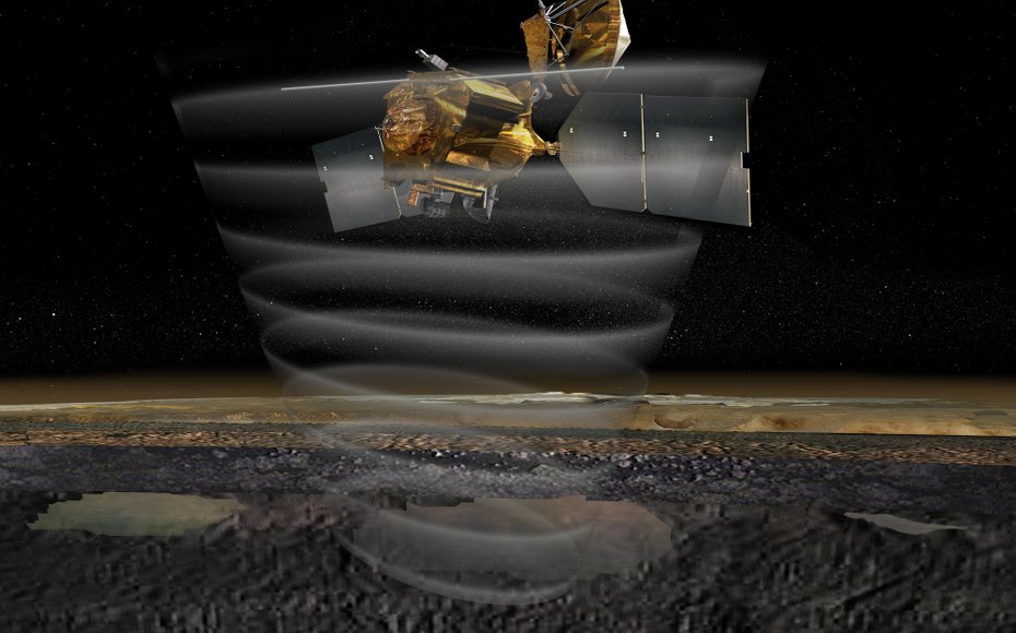This artist's concept of NASA's Mars Reconnaissance Orbiter highlights the spacecraft's radar capability. The Shallow Subsurface Radar instrument (SHARAD) includes the long antenna that extends horizontally from the spacecraft.